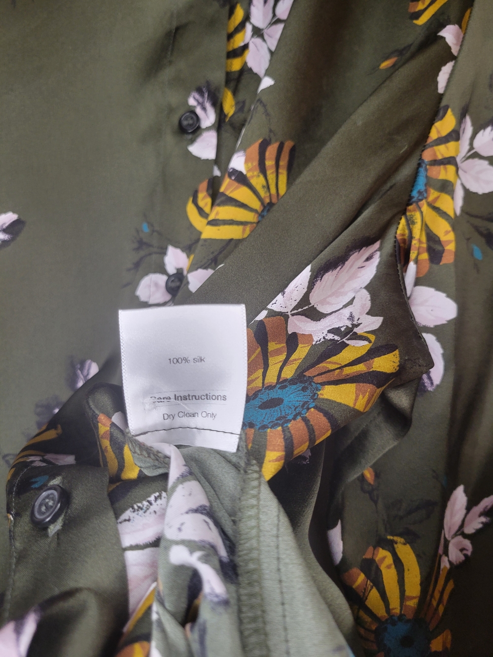 Eleanor Leftwich 100% Silk Olive Floral Button-Up Shirt Women's Lightweight Top. - Picture 7 of 7